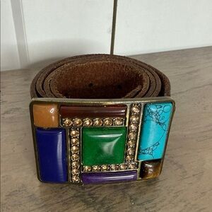 Unique Fossil | Colorful Mosaic Stone Buckle Leather Belt - Medium